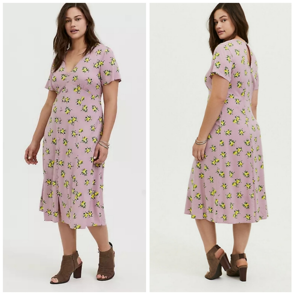 NWT TORRID purple lemon print challis midi dress